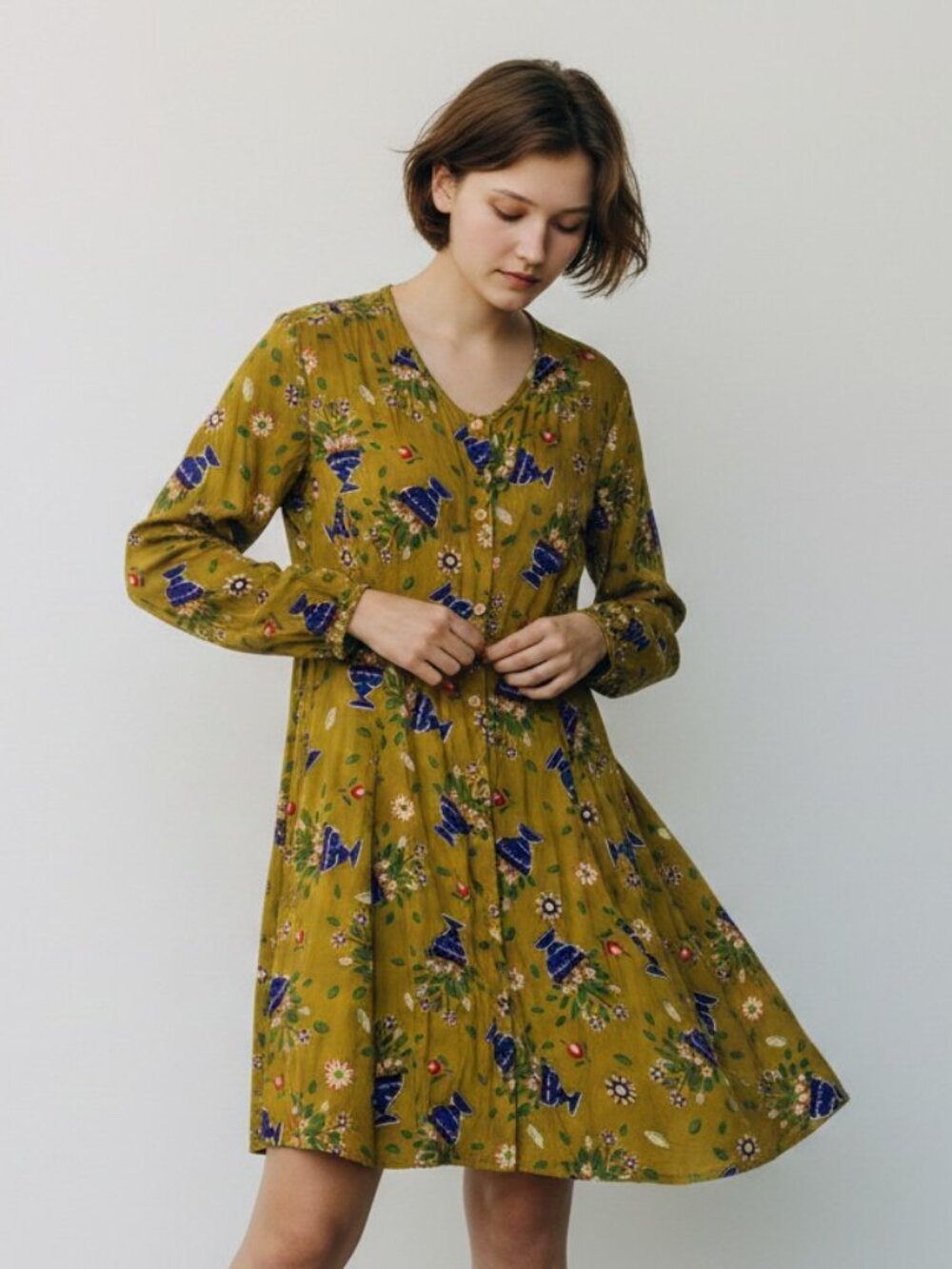 Vintage Y2K Esprit Floral Midi Dress A-line Mustard Long Sleeve Size 9/10 Medium - Picture 2 of 4